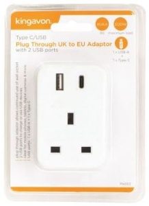 KINGAVON Type C/USB Plug Through UK to EU Adaptor