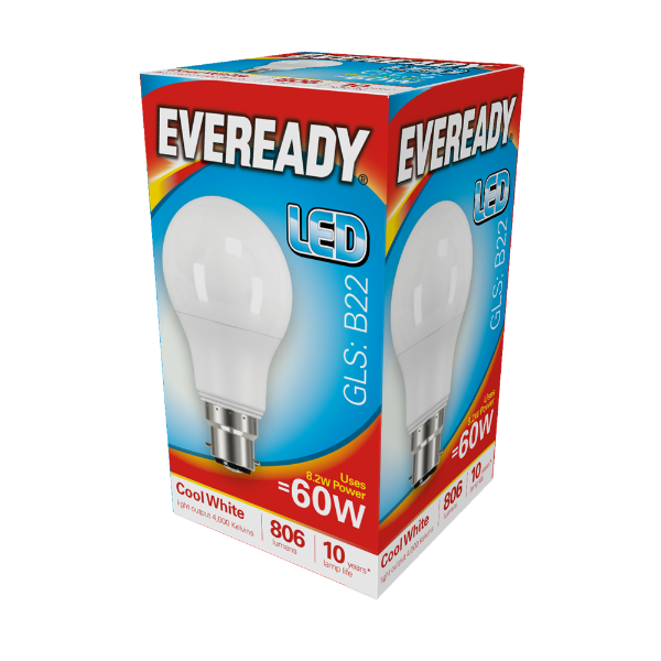 EVEREADY LED GLS 806lm Cool White BC 10,000Hrs