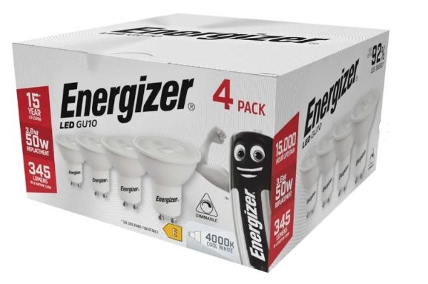 ENERGIZER LED GU10 370LM 36° COOL WHITE 4 PACK  BOX dim