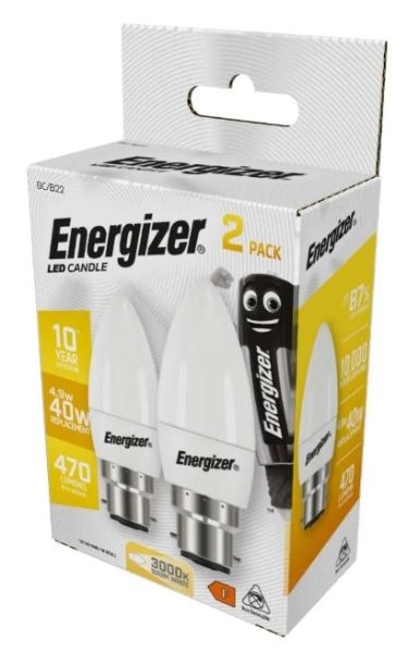 ENERGIZER 2 Pack LED Candle B22 470lm 10000 Hr 3000K