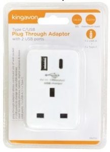 KINGAVON Type C/USB Plug Through Adaptor with 2 USB Ports